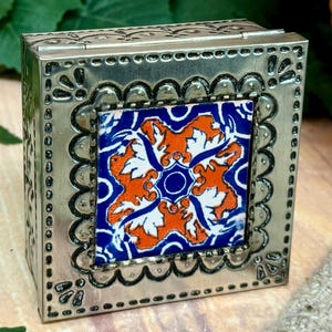 Mexican Punched Tin Jewelry Box w/ Talavera Tile