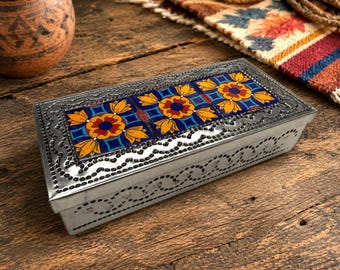 Mexican Punched Tin Jewelry Box w/ Talavera Tile