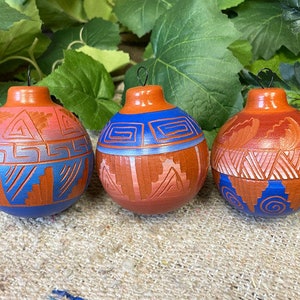Set of 3 Hand Etched Pottery Ornaments Navajo