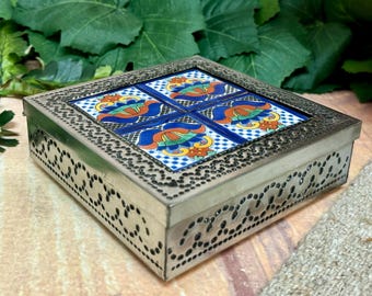 Mexican Punched Tin Jewelry Box w/ Talavera Tile