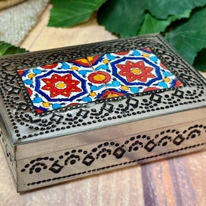 Mexican Punched Tin Jewelry Box w/ Talavera Tile