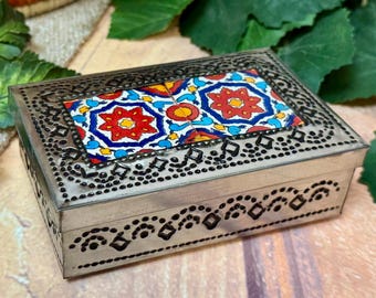 Mexican Punched Tin Jewelry Box w/ Talavera Tile