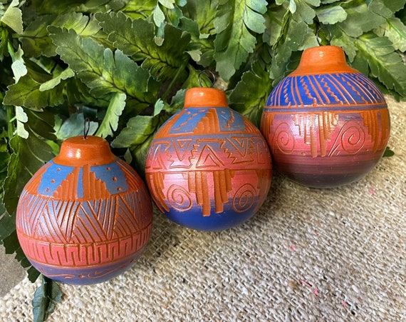 Set of 3 Hand Etched Pottery Ornaments Navajo