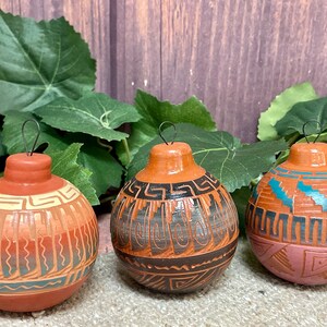 Set of 3 Hand Etched Pottery Ornaments Navajo