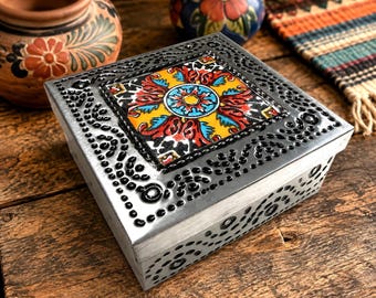 Mexican Punched Tin Jewelry Box w/ Talavera Tile