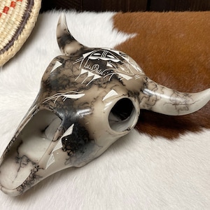 9.25&quot; Navajo Horse Hair Pottery Steer Skull
