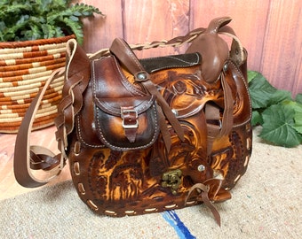 11" Rustic Tooled Leather Western Saddle Purse