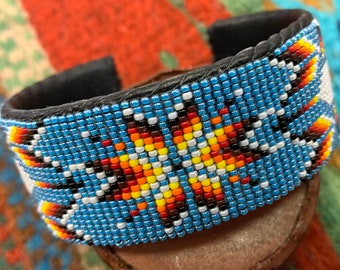 Blue Native American beaded bracelet Navajo design  