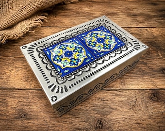 Mexican Punched Tin Jewelry Box w/ Talavera Tile