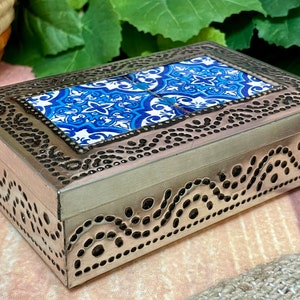Mexican Punched Tin Jewelry Box w/ Talavera Tile