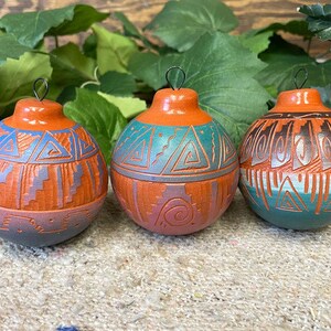 Set of 3 Hand Etched Pottery Ornaments Navajo