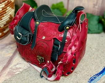 Western Tooled Leather Saddle Purse -Red