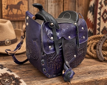 Western Tooled Leather Saddle Purse -Purple