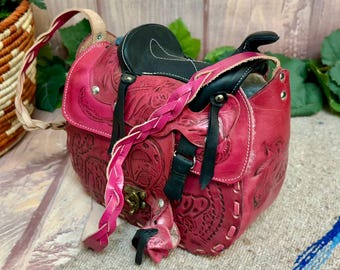 11" Western Leather Saddle Purse -Pink