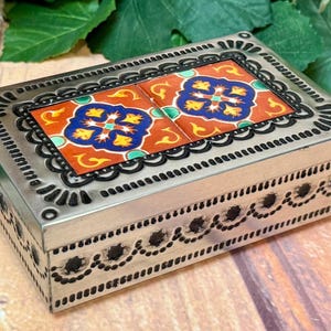 Mexican Punched Tin Jewelry Box w/ Talavera Tile