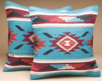 Pair of Wool Southwest Pillow Covers 18x18 - Navajo Turquoise
