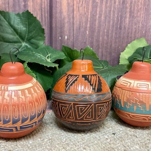 Set of 3 Hand Etched Pottery Ornaments Navajo