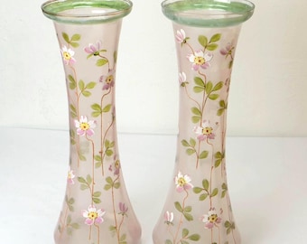 Antique Art Nouveau Glass Vases: Enamel Floral Pair, France 1880