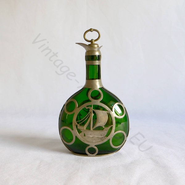 Vintage green glass decanter, bottle with pewter overlay (nautical theme) and stopper - 0.7 liter (litre), Germany, ca. 1930s