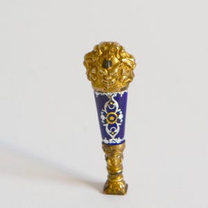 Ein seltener antiker französischer Empire Ormolu und blauer Emaille Brief Wachssiegel Stempel, ca 1890