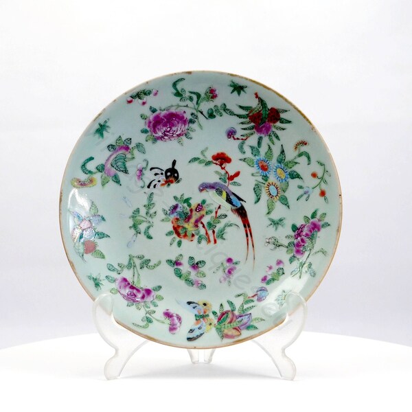 Antique Chinese Canton porcelain celadon ground famille rose plate, ca 1850s