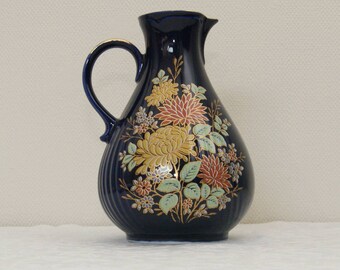 Vintage  German Bavarian Bareuther Waldsassen  Porcelain Echt Kobalt Cobalt Blue &  multi/coloured gold rimmed jug pitcher.