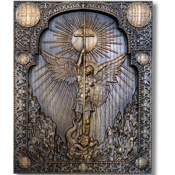 Icona cristiana in legno fatta a mano - Arcangelo Michele | Regalo di Cresima, Decorazione Religiosa, Eco-Friendly (starry)