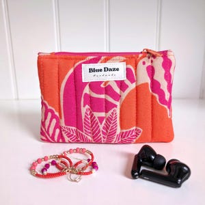 Petite pochette zippée - Porte-monnaie matelassé rose et orange | Sac d'accessoires en tissu fait main | Cadeau pour elle | Couchers de soleil en juin