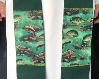 Fish Clergy Stole, Creation Care, Handmade Green Priest Stole