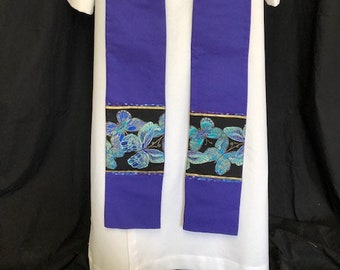 Étole de carême floral violet pour clergé, étole de carême, étole de prêtre de l'Avent, étole violette, étole bleue, étole de pasteur, étole de carême, P001