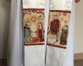 Étole de Noël pour clergé, Sainte Famille, bergers, satin blanc