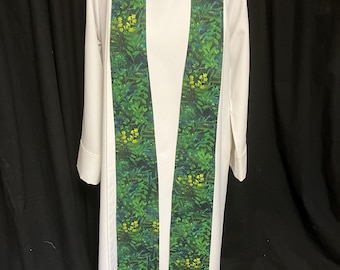 Étole pour clergé en coton vert Fleurs des champs