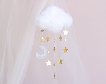 Baby mobile for baby girl, minimal nursery decor, cloud crib mobile with stars and a moon for new baby girl gift, baby shower  gift
