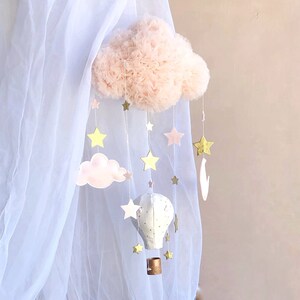 Mongolfiera mobile, baby mobile rosa cipria, mobile bebe, stelle e motyw vivaio nuvola, regalo baby shower, mobile nuvola appesa