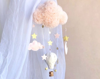 mongolfiera mobile, baby mobile rosa cipria, mobile bebe, stelle e tema vivaio nuvola, regalo baby shower, mobile nuvola appesa