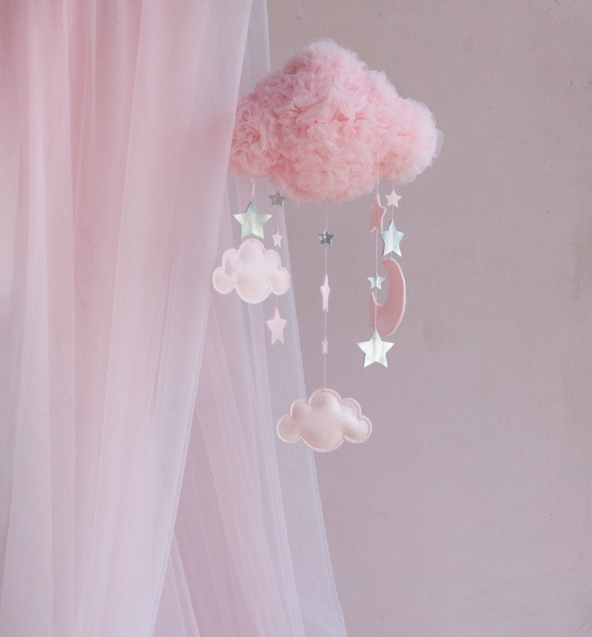 Cloud mobile with stars and moon for pink nursery decor, mobile bebe for baby room, cot mobile for baby shower gift