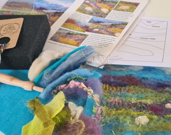 Hills of Heather Needle felted wool art picture kit. Painting with wool, Fiber art Felt Landscape Needle felt art