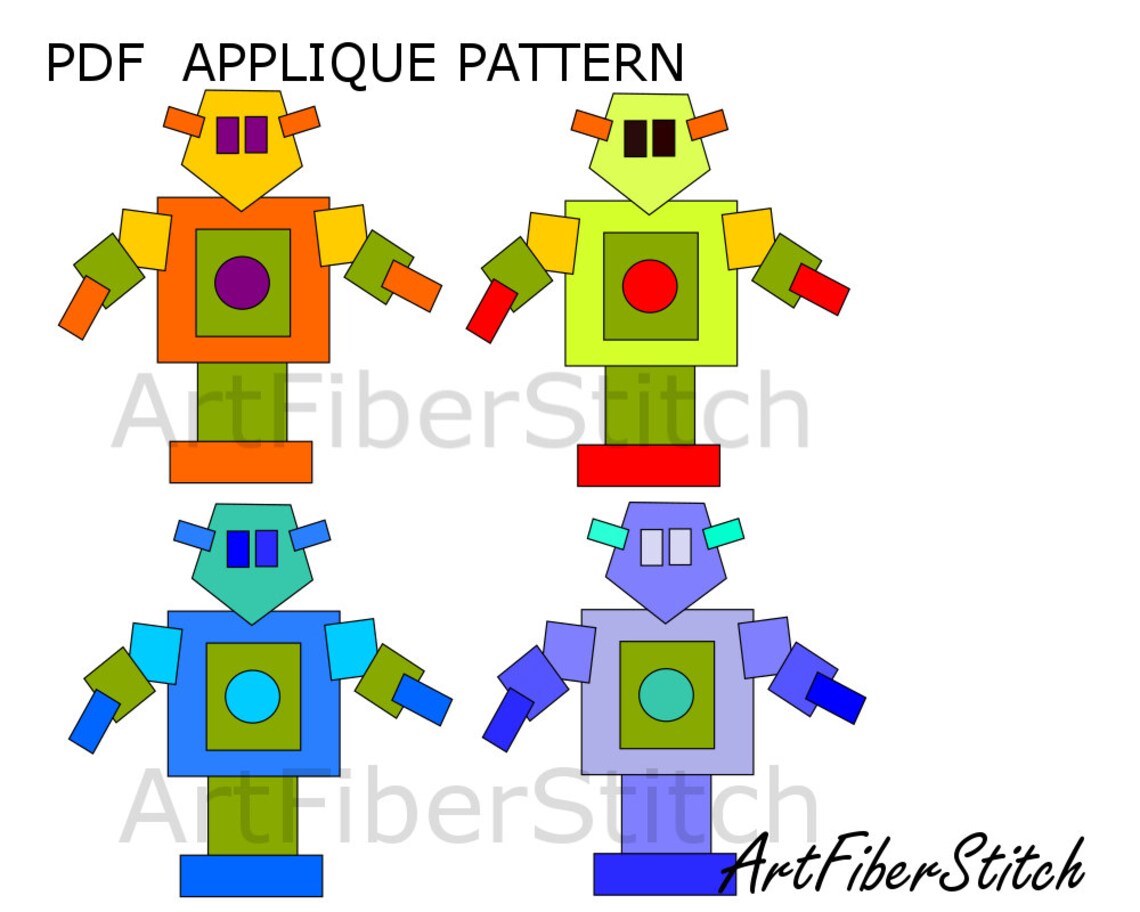 Square Robot PDF Applique Template Pattern Kids Sewing Instant | Etsy