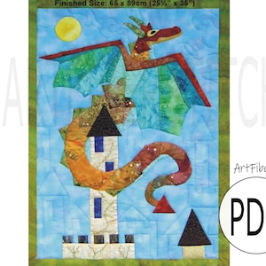 Peut inclure: Un motif de courtepointe en patchwork coloré représentant un dragon volant au-dessus d'une tour. La courtepointe mesure 65 x 89 cm (25 1/2 x 35 pouces) et est un modèle PDF.