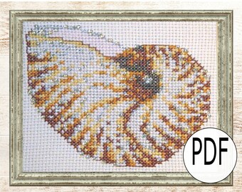 Nautilus Shell Cross Stitch Pattern: Embellished X-Stitch (PDF Pattern)