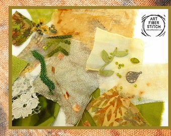 Green Fabric Collage Kit: Slow Stitching, Eco Printing, Embellishments