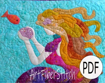 Mermaid Tails a appliqued and quilted PDF wall hanging pattern Instant download Childs Wall hanging Mini Quilt Hand sewing Embroidery design