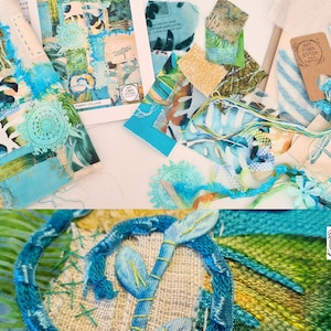 Könnte beinhalten: Nahaufnahme eines Stoffcollage-Sets mit einer Auswahl an blauen, grünen und weißen Stoffen. Das Set enthält ein Muster, Anleitungen und alle Materialien, die zum Erstellen einer wunderschönen Stoffcollage benötigt werden. Das Set ist mit "Fabric Collage" und "Art Fiber Stitch" beschriftet.