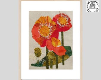 Poppies Slow Stitching Kit: Beginner Embroidery Fabric Collage