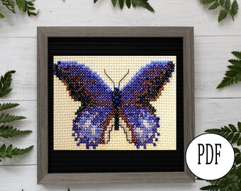 May include: A framed cross-stitch design of a blue butterfly with brown accents. The butterfly is centered on a cream-colored background.