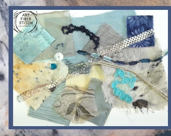 Blue Grey Fabric Collage Kit: Slow Stitching, Eco Printing
