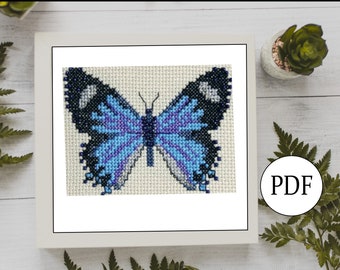 May include: A cross-stitch pattern of a blue butterfly with black and white accents, framed in a white frame.