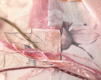 Pale Pink Floral Fabric Collage Kit: Slow Stitch Embroidery Project