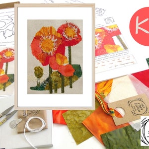 Poppies Slow Stitching Kit, Beginners Embroidery, easy sewing project, Fabric Collage, Mindful Craft, Stitch Therapy