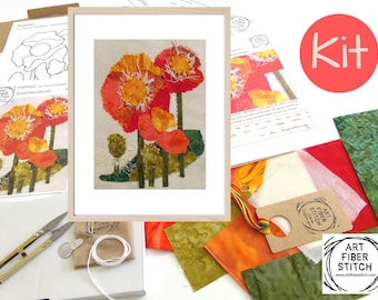 Poppies Slow Stitching Kit, Beginners Embroidery, easy sewing project, Fabric Collage, Mindful Craft, Stitch Therapy